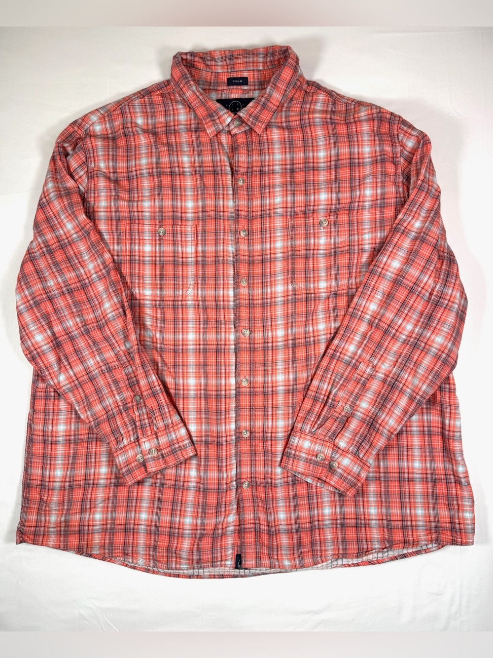 EVEN TIDE Men’s 3XL Plaid Button Up Shirt Orange Blue White 100% Cotton